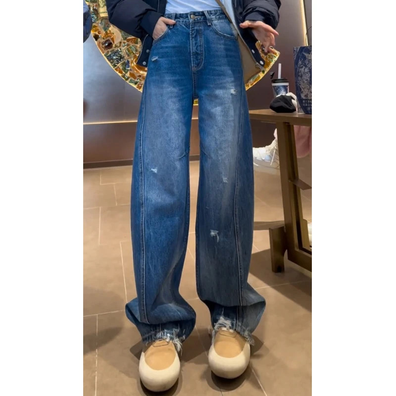 蓝色牛仔裤女2025新款秋季爆款裤子高腰弯刀裤显瘦时尚宽松阔腿裤