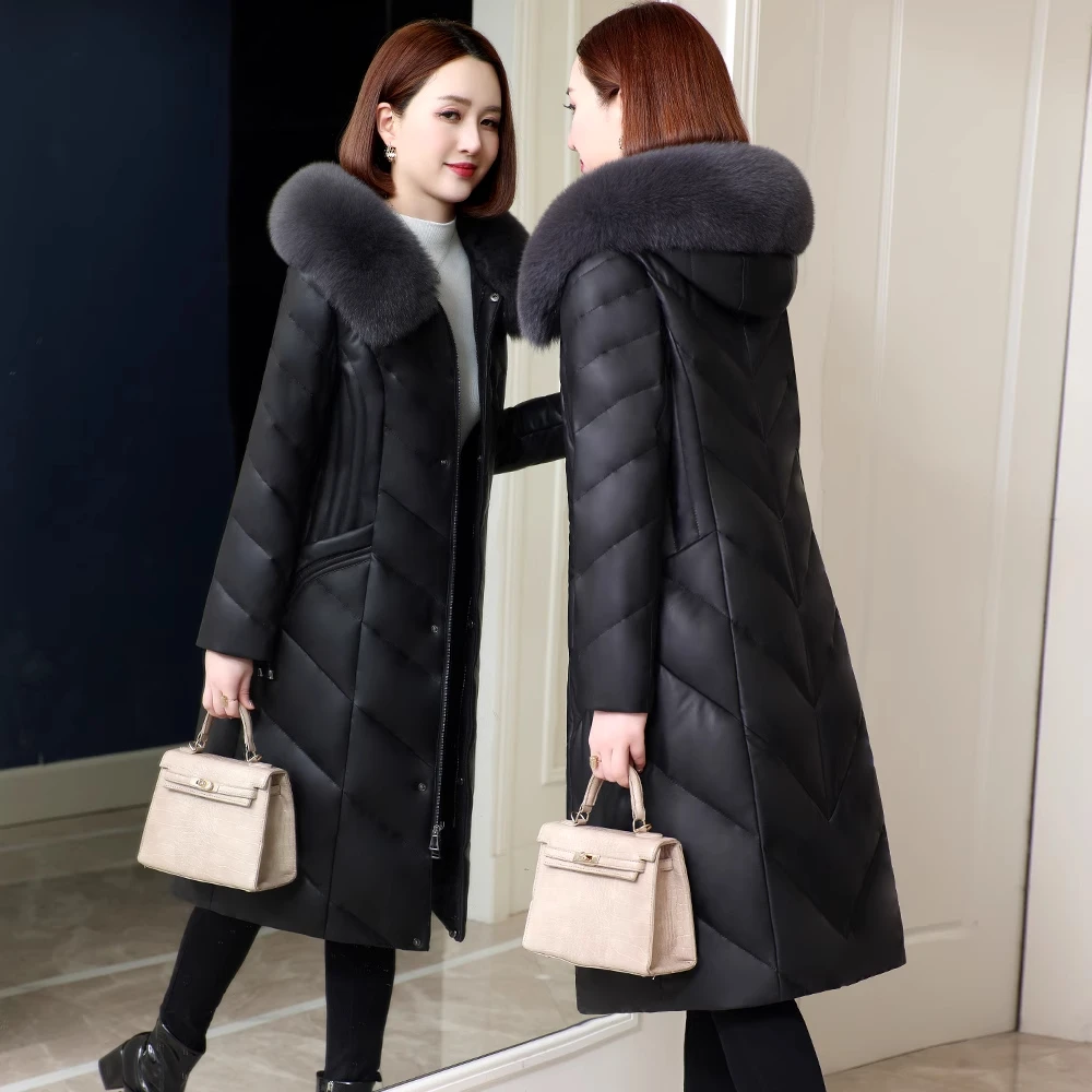 海宁正品真皮羽绒服女2025冬季新款显瘦加厚长款过膝连帽绵羊皮衣