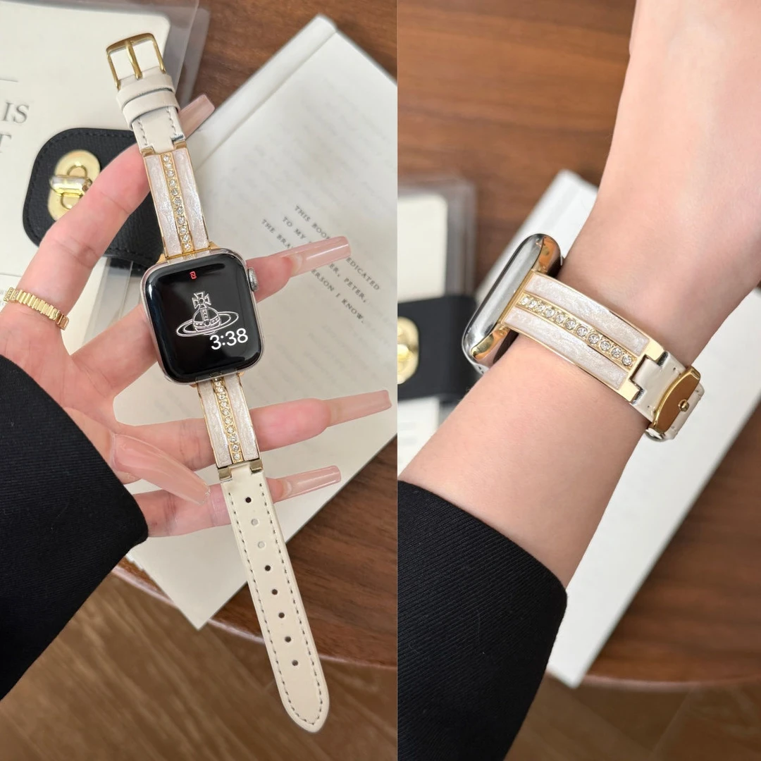 适用ApplewatchS10手表7表带S9苹果夏SE高级S8女款弯片滴胶拼皮质