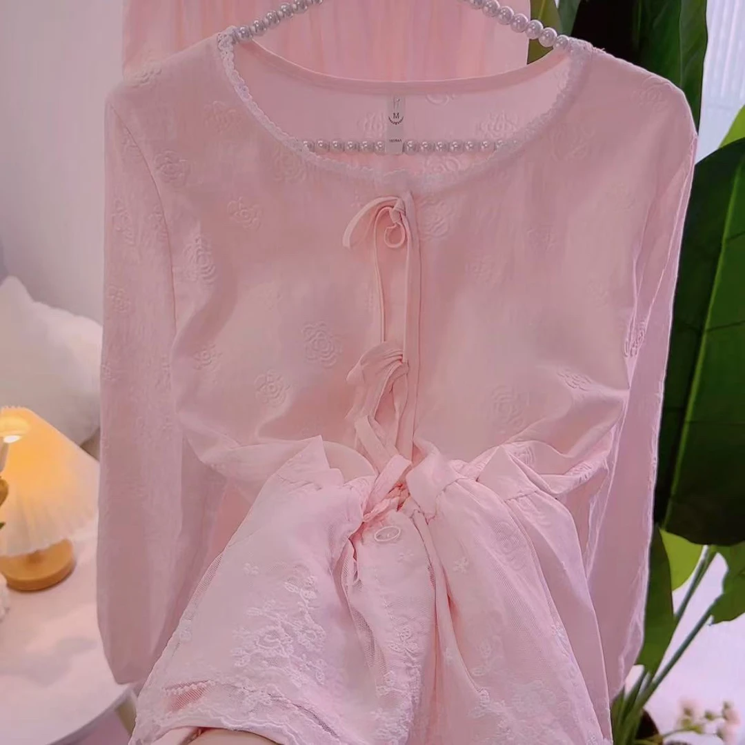 春秋长袖带胸垫公主风蕾丝睡衣家居服套装