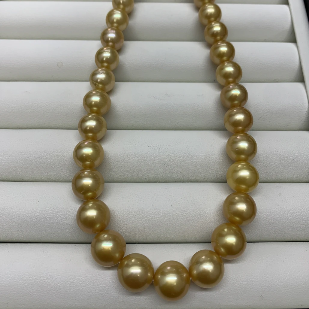 海水珍珠精品金珠浓金炫绿彩近正圆项链11-13mm时尚气质轻奢