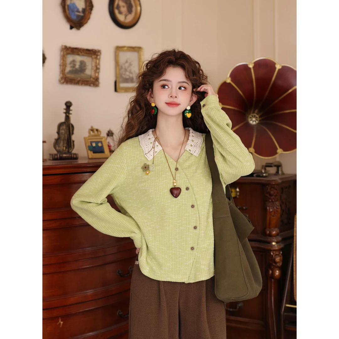 陈大器【雪过翠竹​】港风复古设计感长袖百搭宽松上衣衬衫JB3328315