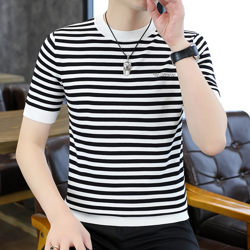 高档条纹短袖T恤男士冰丝圆领时尚轻奢半袖体恤百搭品质男装25195