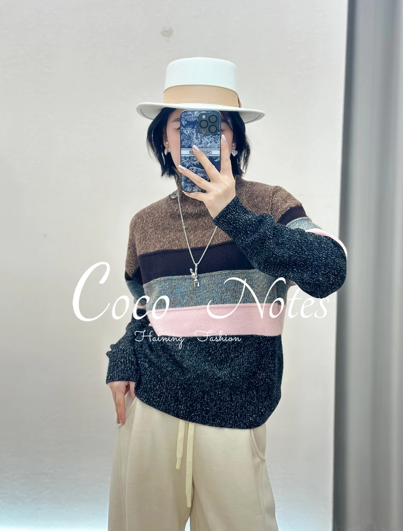 COCO NOTES【条纹拼色】全羊毛立领拼色慵懒风针织羊毛衫