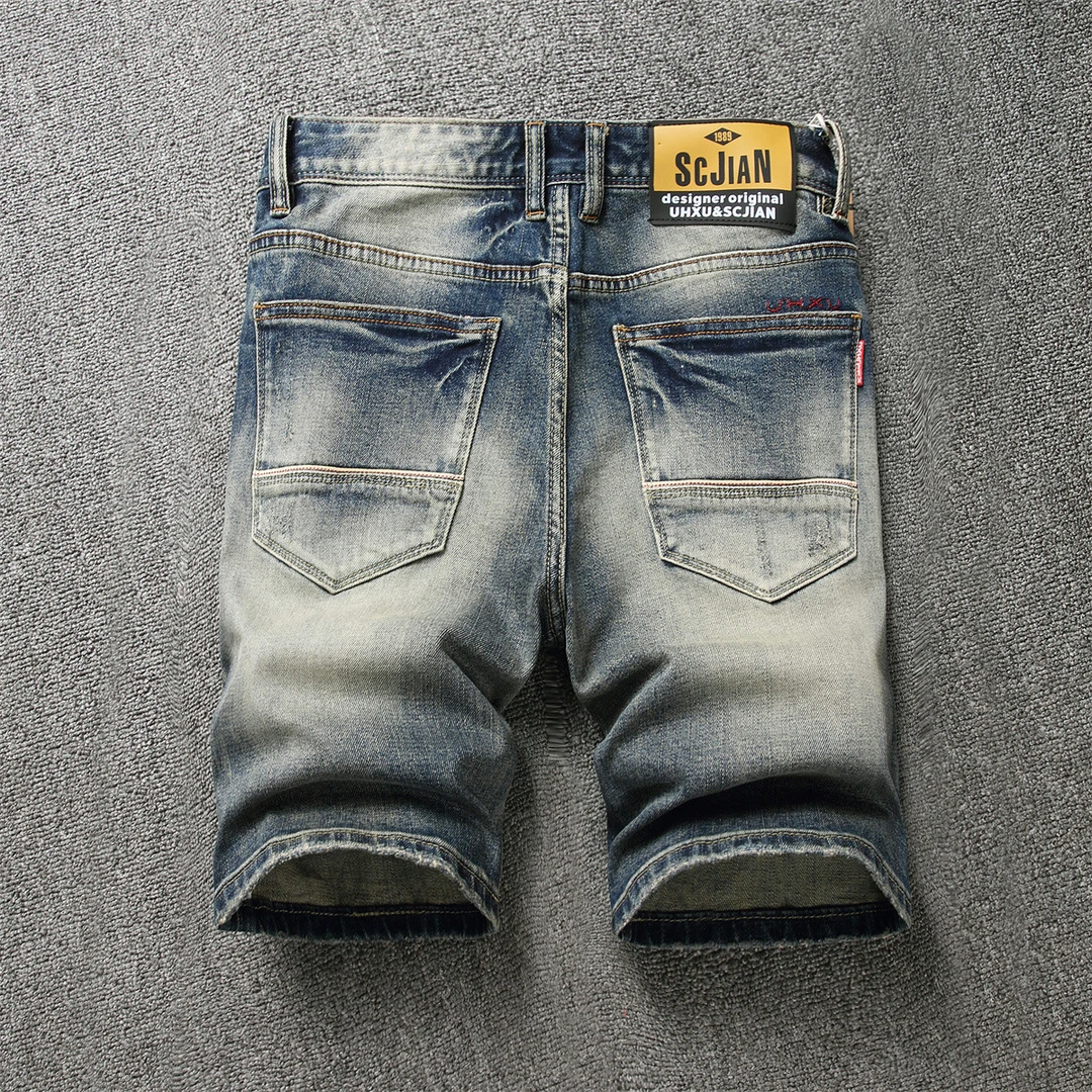 符腾野堡马男士夏季新款潮牌修身直筒复古高级感刺绣破洞牛仔短裤