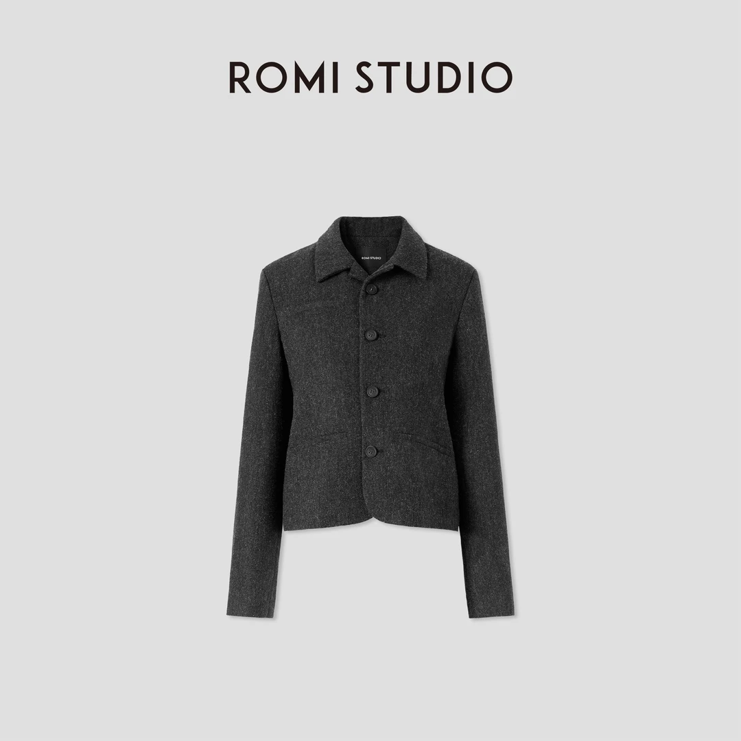 ROMI STUDIO“自我轮廓”绵羊毛混纺花纱肌理感短西装外套 431Z2099