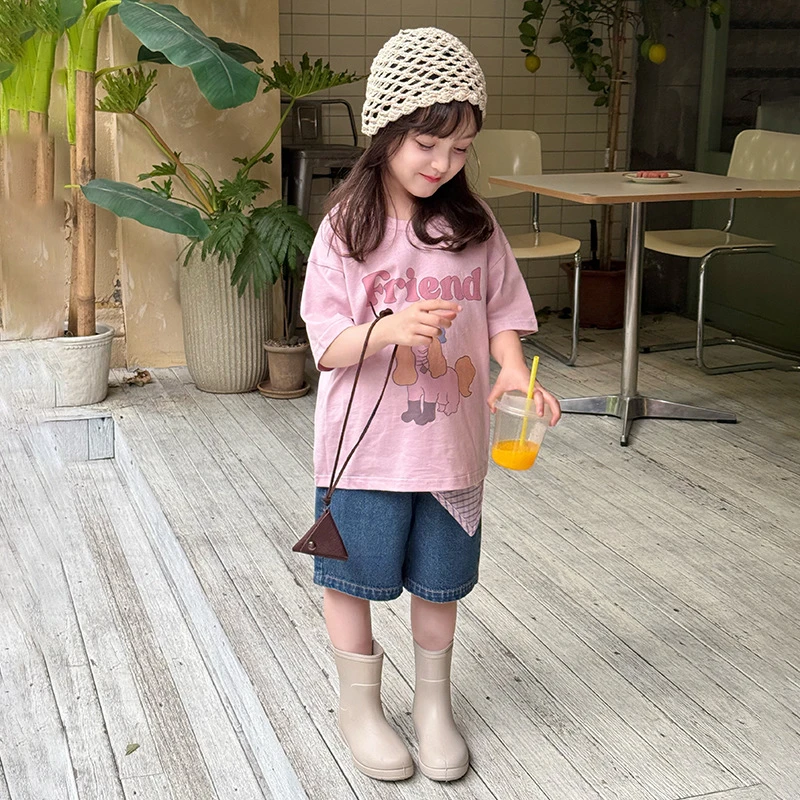 儿童韩版休闲T恤夏女童宝宝舒适凉感小冰皮卡通可爱短袖
