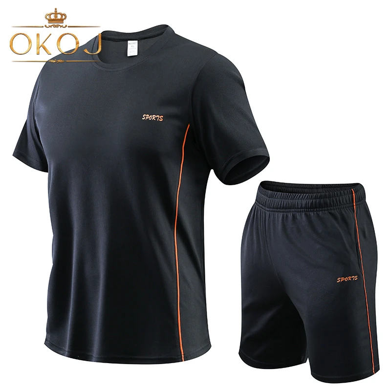 OKOJ运动跑步套装男短袖T恤速干衣夏季薄款透气户外休闲两件套