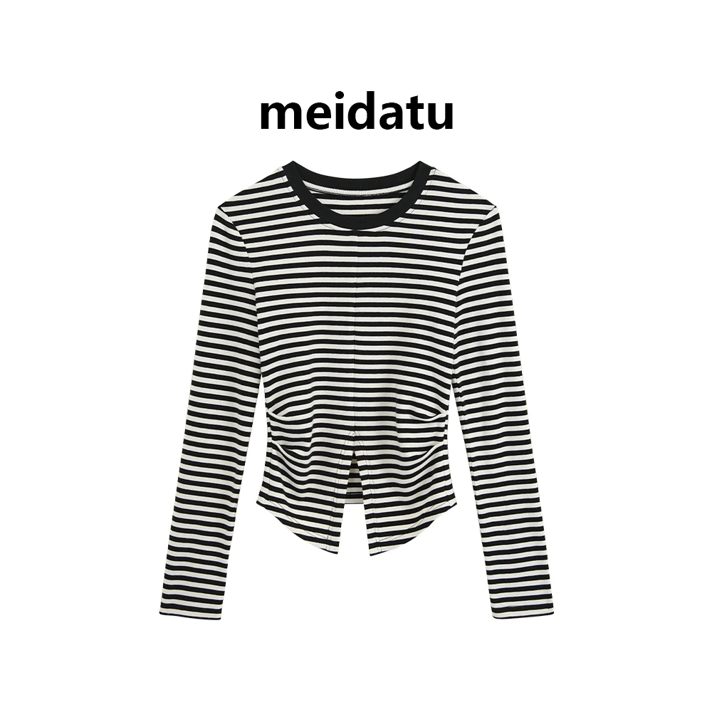 （黑白曲调）经典条纹下摆开叉修身上衣（小个子版）bk3351-25