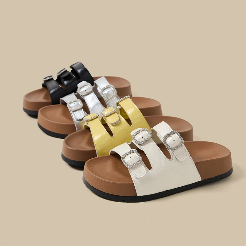 【增高3CM】真皮勃肯外穿皮带扣凉拖鞋女2025夏季新款水钻厚底百搭