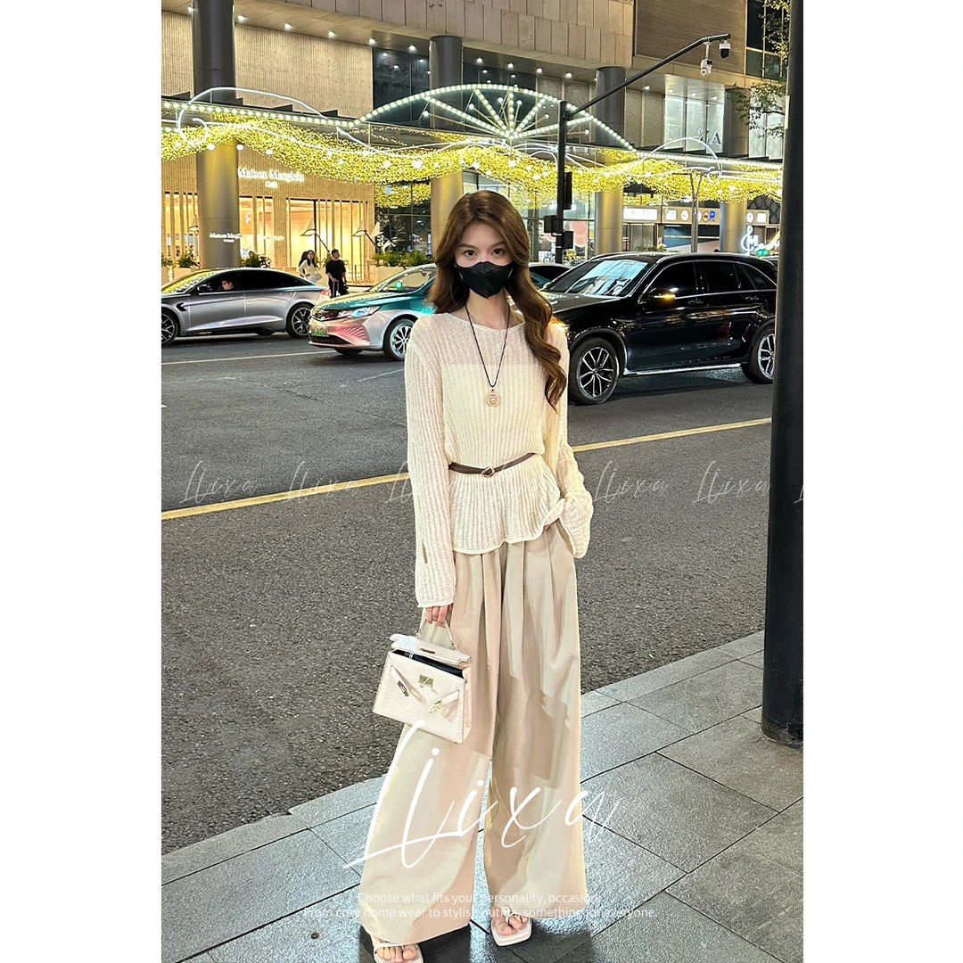 【交个朋友专属】休闲时尚套装新款长袖针织罩衫叠穿美背腰带阔腿裤