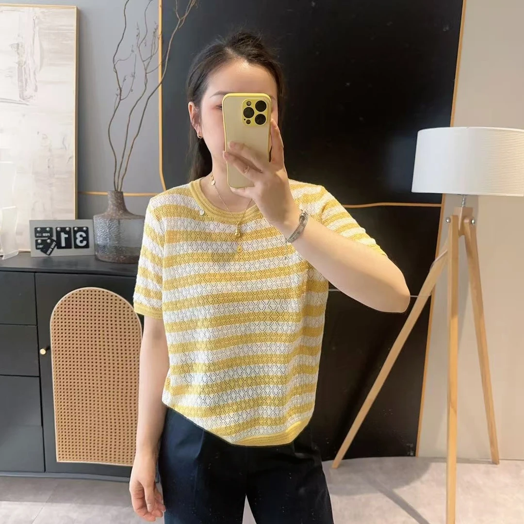 【欧加粒粒】夏季韩版时尚圆领镂空薄款宽松短袖针织衫T25041551