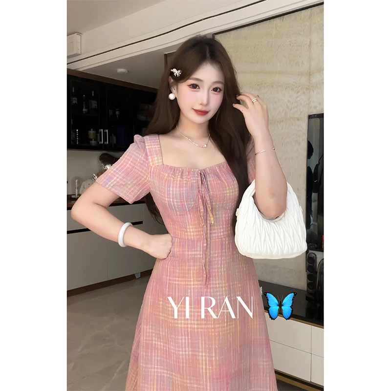 【现货】大码七彩泡泡胖妹货粉粉招桃花温柔玫瑰方领碎花连衣裙9354