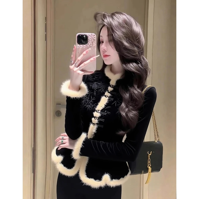 新中式黑色加绒衬衫女冬季高级感时髦洋气减龄保暖厚毛绒国风上衣