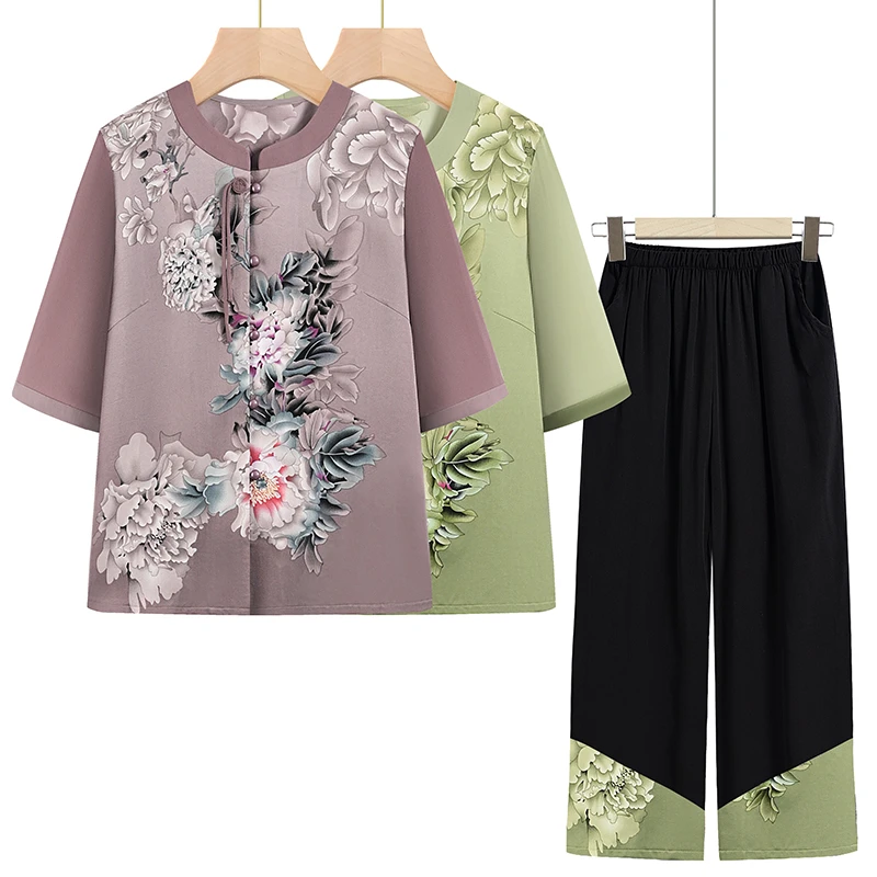 夏季妈妈衬衫洋气衣服老奶奶老太太上衣套装薄款雪纺开衫两件套