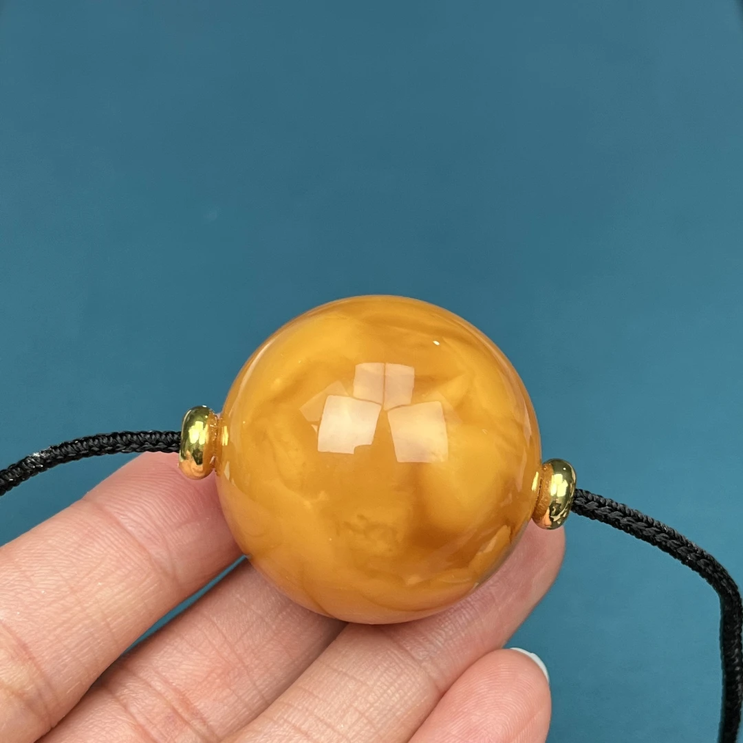 Y5602天然原矿蜜蜡鸡油黄圆珠31.4mm17.3克抖音基地质检发货