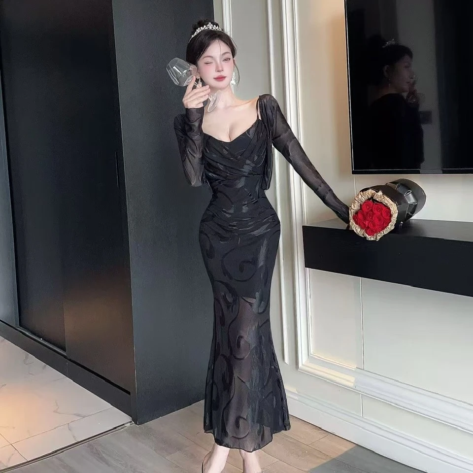 纯欲风性感蕾丝低胸吊带连衣裙别致气质设计感V领礼服裙+披肩套装