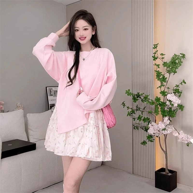 女春季新款时尚宽松上衣潮韩系纯色长袖拼接假两件圆领套头卫衣裙