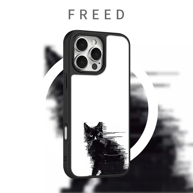 FREED像素黑猫适用于苹果17promax黑边防摔16磨砂磁吸15手机壳14