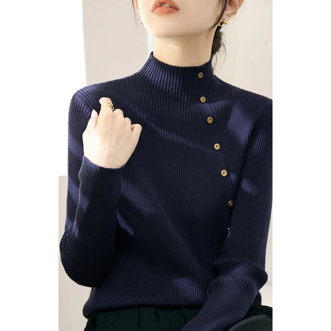 春季新款藏青色长袖针织衫女修身纽扣设计半高领毛衣内搭打底上衣
