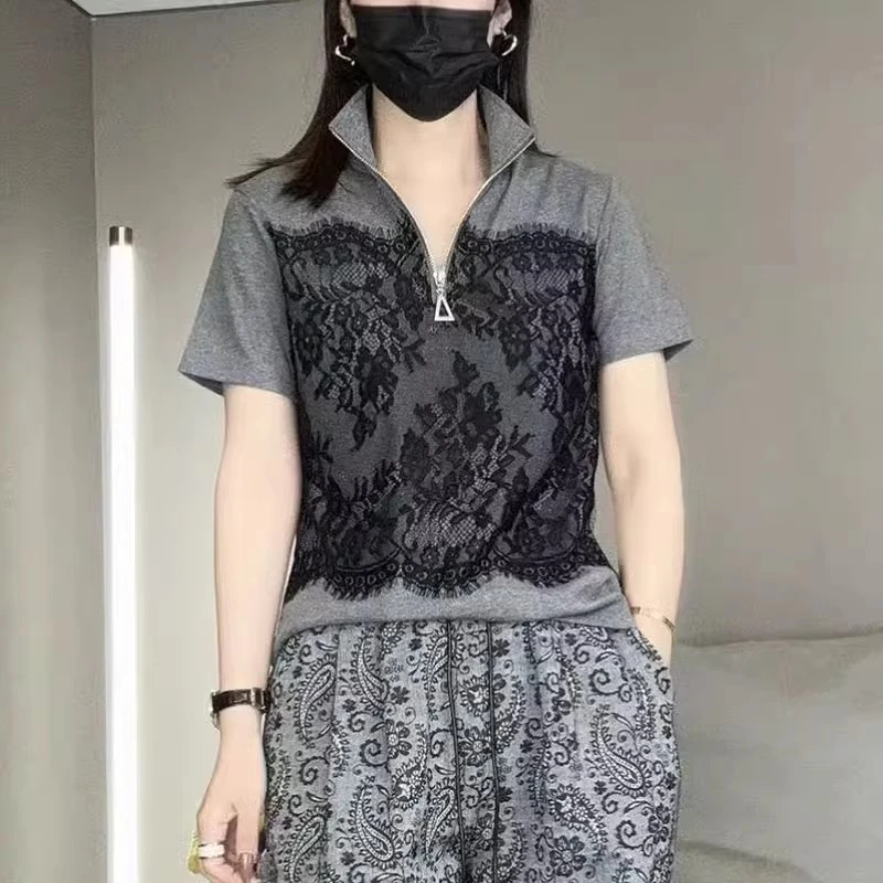 半拉链短袖T恤女2025夏季新款时尚复古蕾丝拼接洋气百搭女装上衣