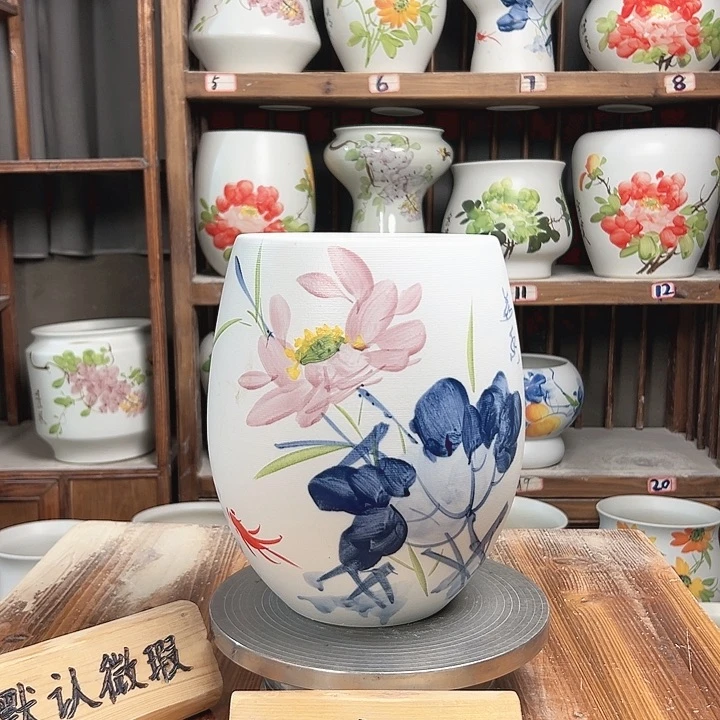 摆件但盆青花荷花新款陶瓷陶瓷