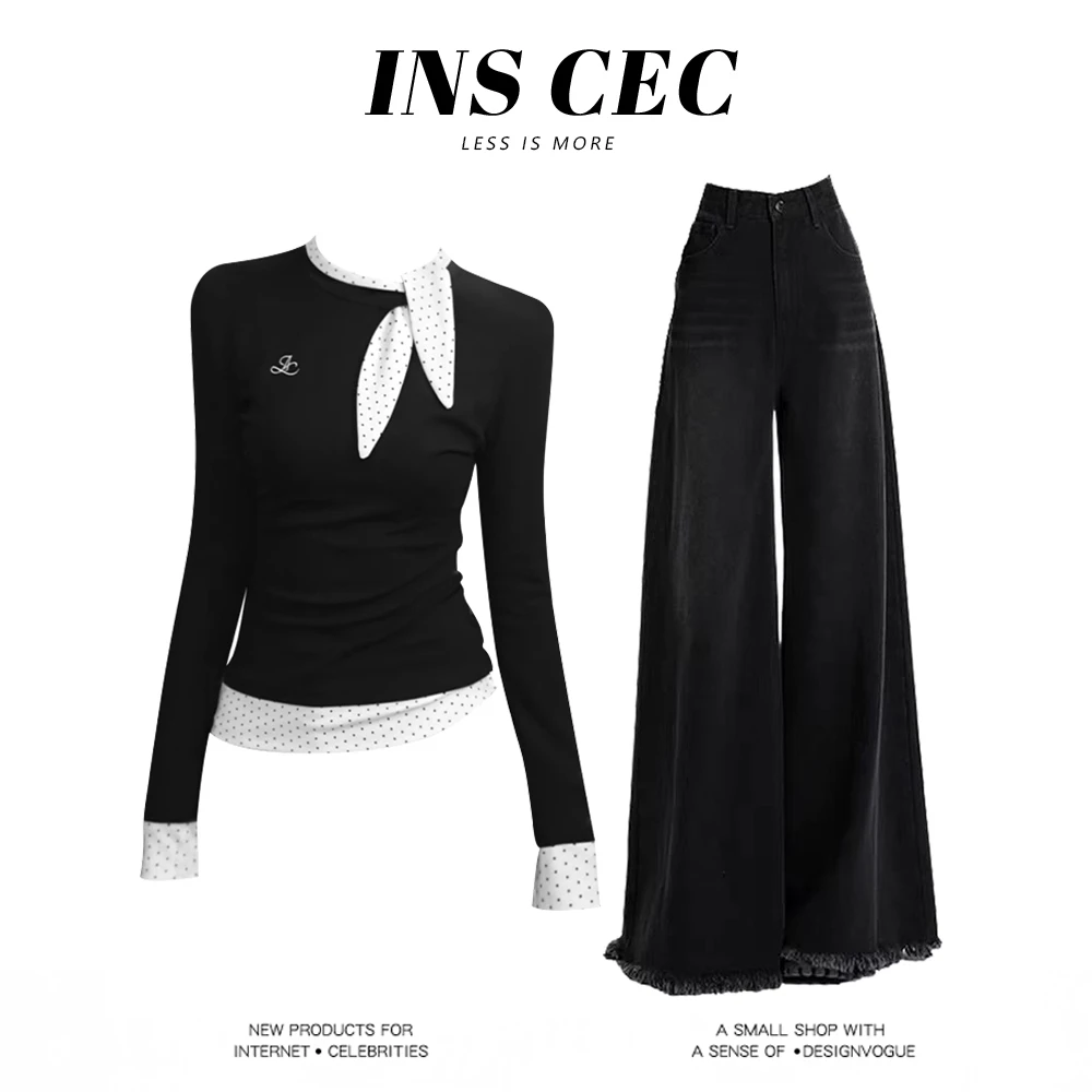 INS CEC韩式学院风蝴蝶结撞色长袖T恤高腰减龄宽松阔腿裤两件套