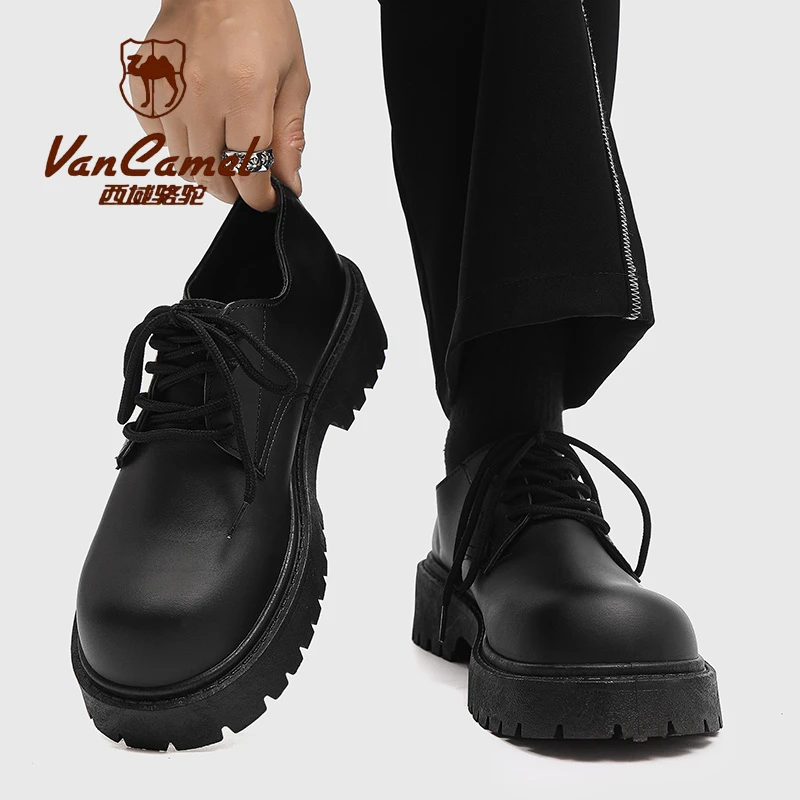 西域骆驼英伦风商务正装厚底增高大头黑色高级感德比鞋低帮马丁靴