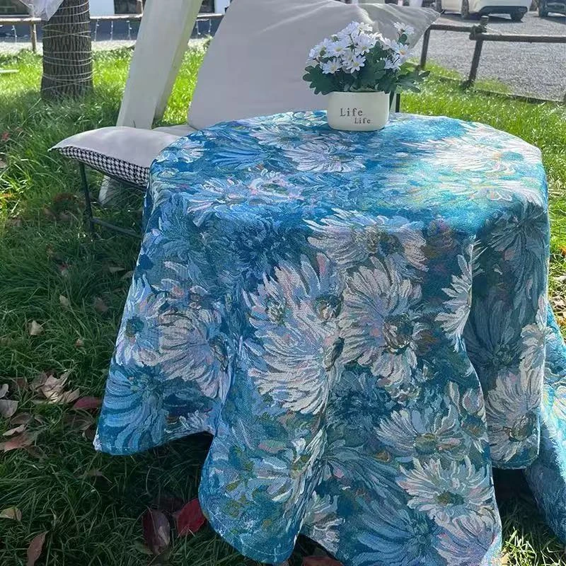 莫奈花园复古油画提花棉麻桌布高级美式轻奢电视柜盖巾家用桌面垫
