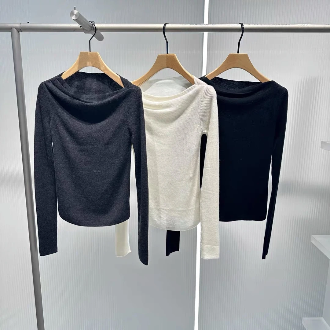 艾家新款针织薄款拼接毛针织衫黑色包袖套头高领纯色中长款4008