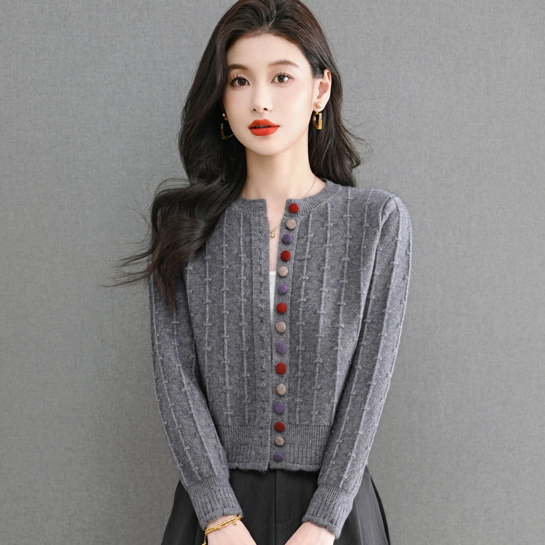 羊毛针织开衫女春秋高腰短款小个子上衣外搭毛衣小外套专柜正品