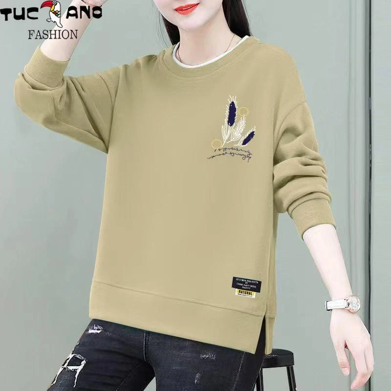 啄木鸟秋季卫衣女新款宽松大码修身显瘦长袖开叉休闲打底衫上衣