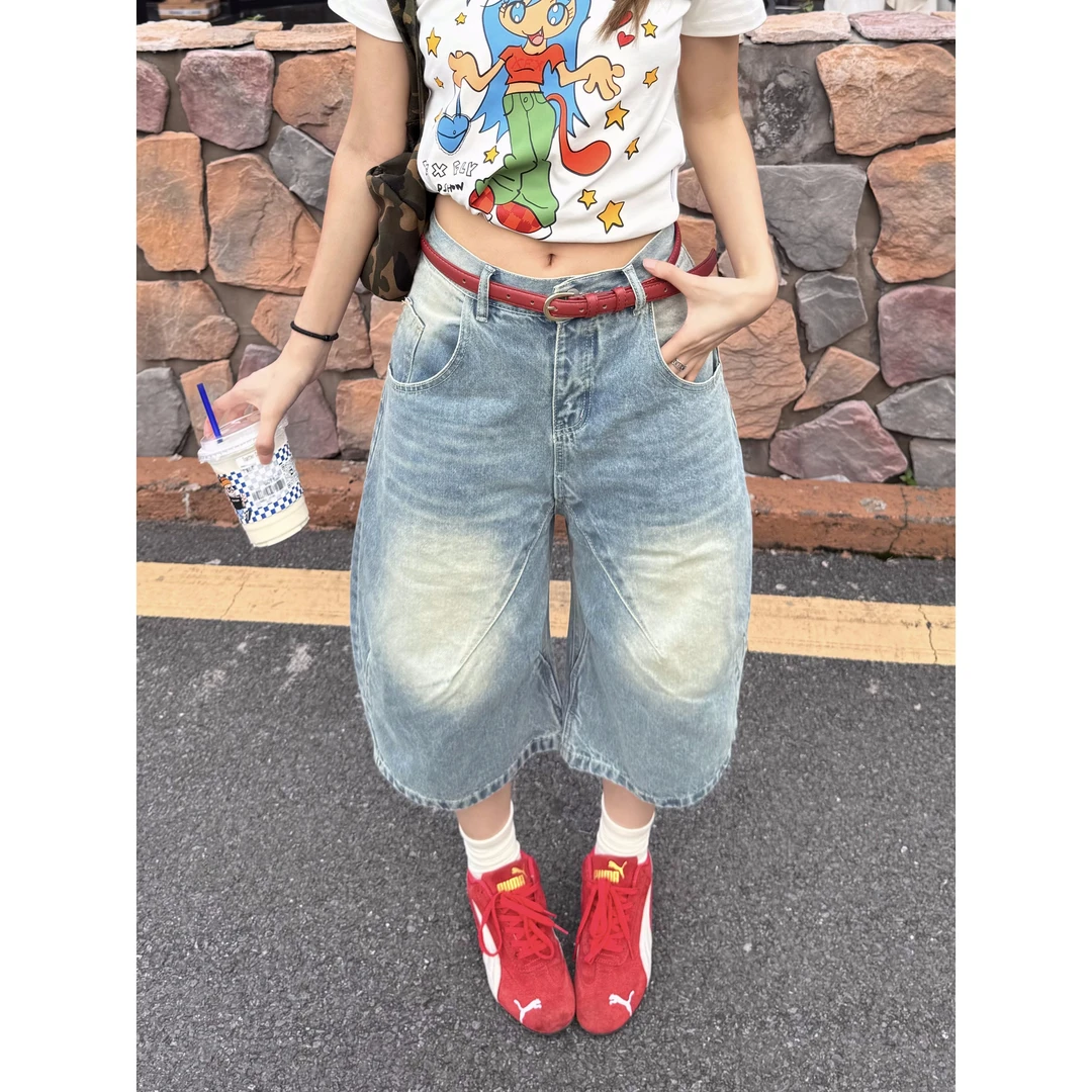 XFX 美式复古水洗做旧宽松弯刀七分裤女夏季高街休闲cleanfit短裤