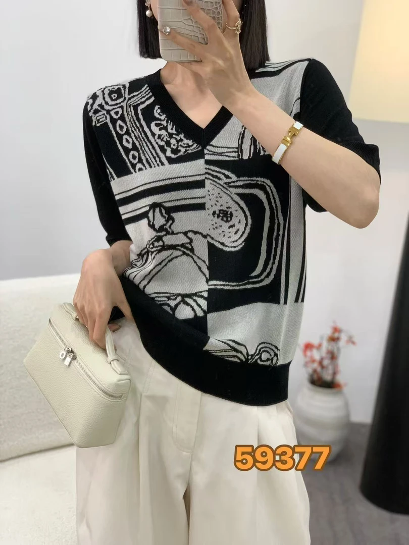 欧货重工提花莱赛尔天丝短袖女V领时尚减龄针织打底上衣半袖百搭