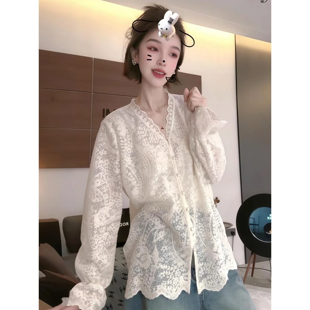 MI & MI法式蕾丝花边镂空钩花打底衫白色开衫女款轻奢高级感上衣