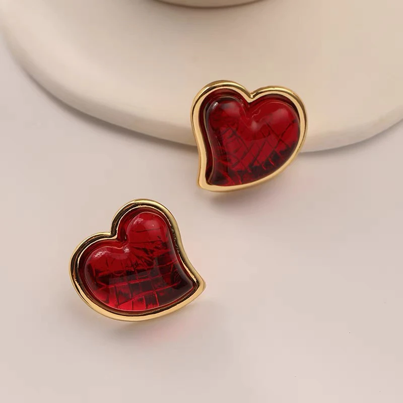 铜合金耳饰 爱心红杨耳钉-7964