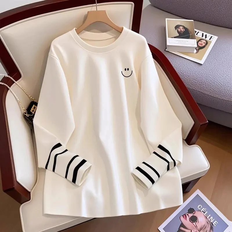 欧货白色宽松大码打底衫女遮屁股秋冬撞色拼接长袖中长款t恤上衣