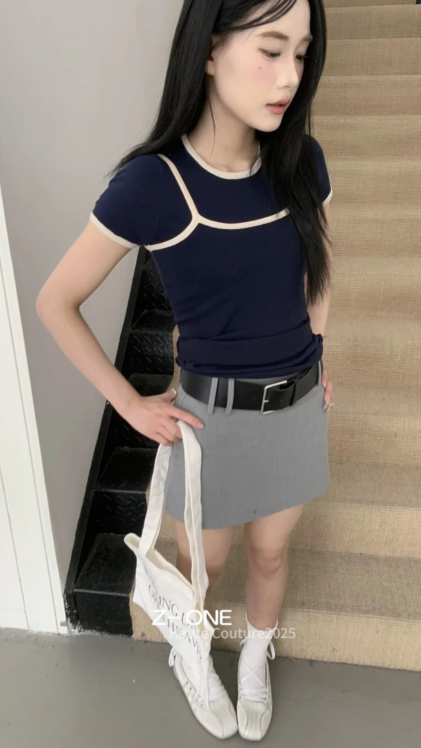 Z-ONE福秒（9ZO009989#)真两件 撞色叠穿修身背心T恤9-623