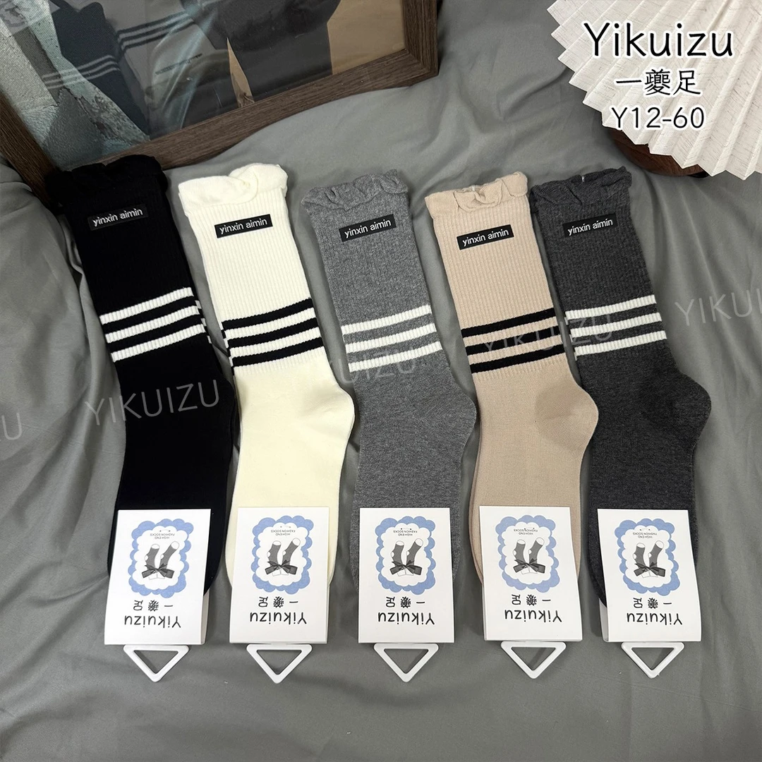 中筒条纹女秋季常规款中筒袜布标学院风
