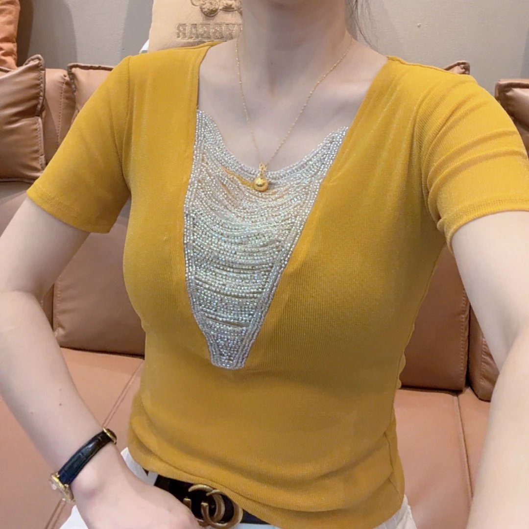 小敏家,夏季新款简约串珠V领修身短袖T恤女百搭时尚显瘦