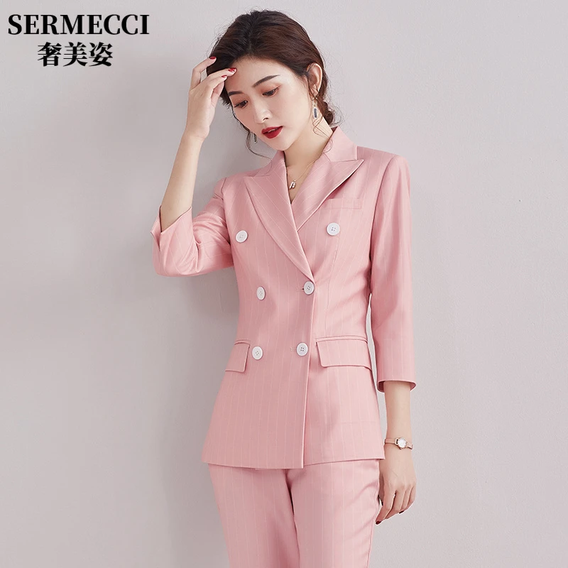 奢美姿高级感小西装套装女士韩版秋季修身工作服条纹气质职业套装