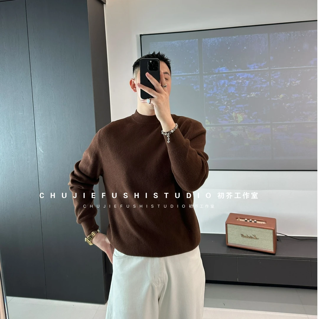 CHUJIE韩版时尚柔软舒适休闲纯色简约小中领针织百搭毛衣秋冬男