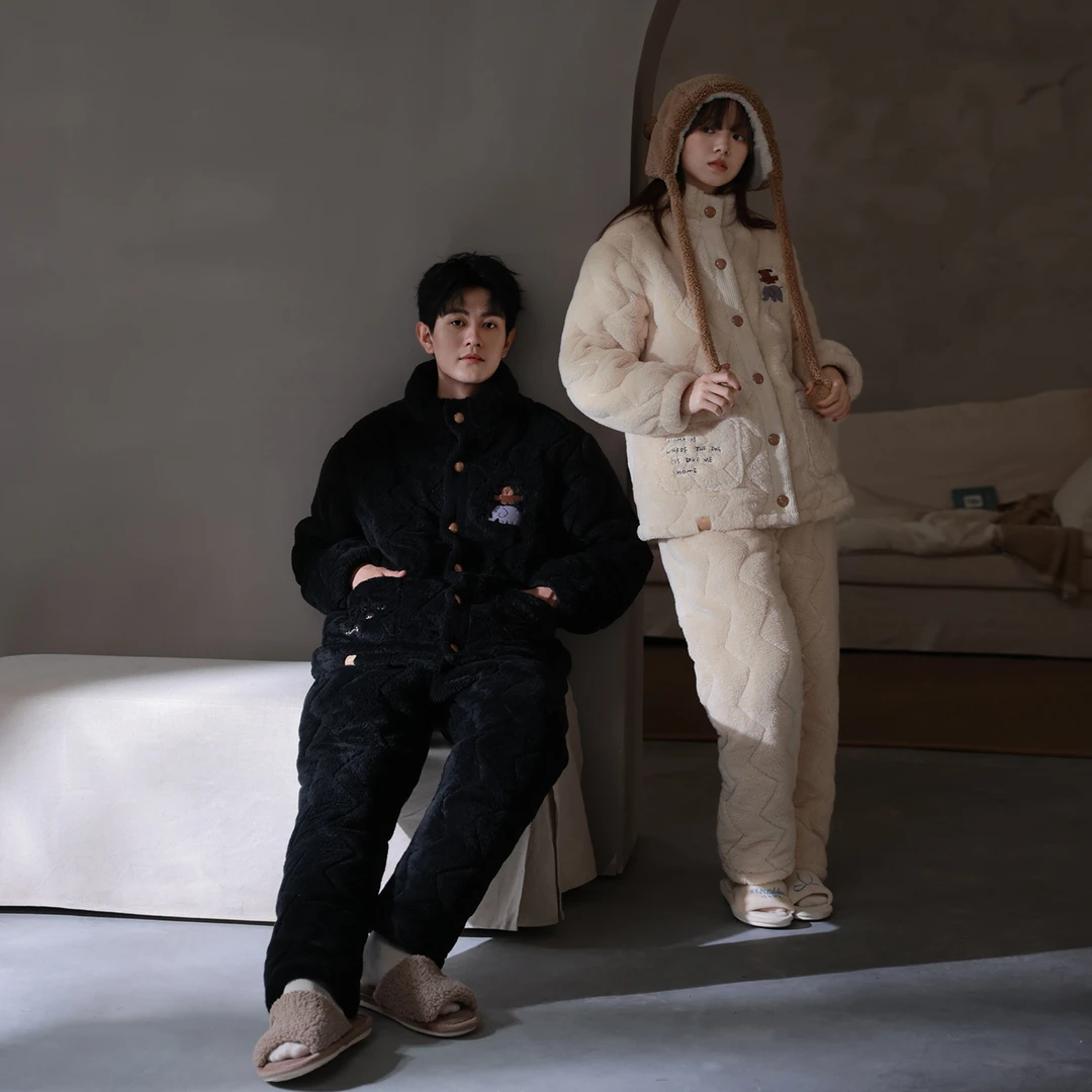 思莉太太【甜熟的栗】三层夹棉睡衣情侣家居服女冬加厚加绒外出可穿