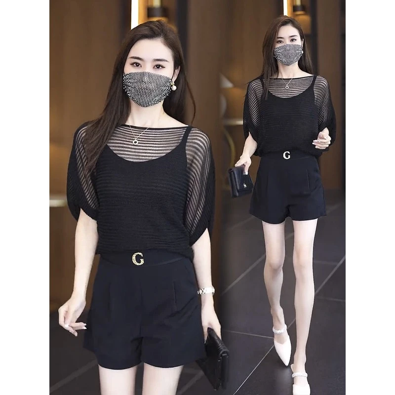 2025年夏季薄款一字领上衣女士新款吊带宽松显瘦纯色针织衫两件套