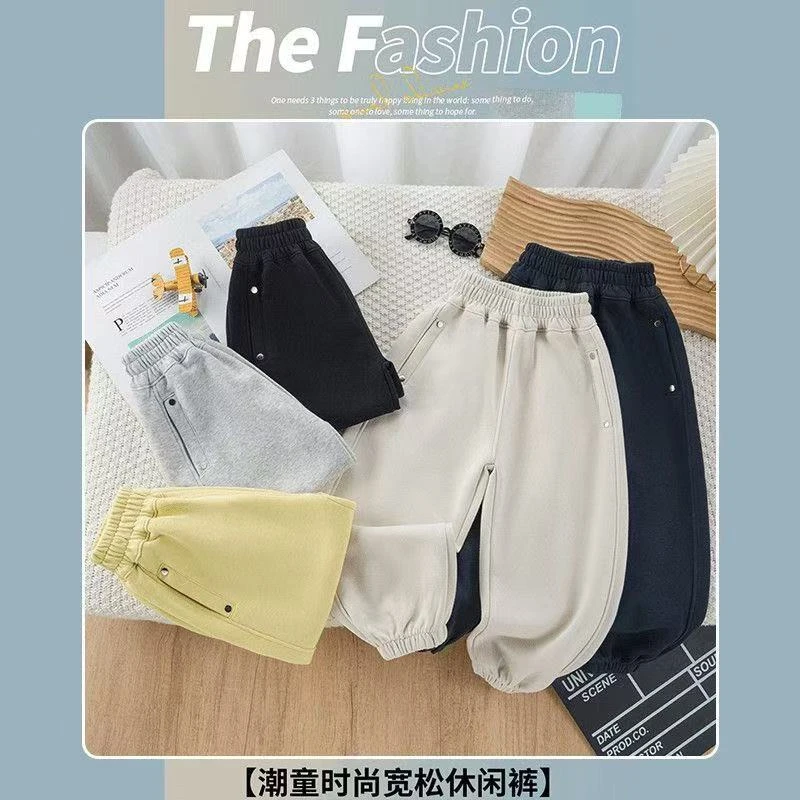 【挺括有型】重磅340克水洗春款男女童弯道宽松裤LenKid-钉扣一字兜