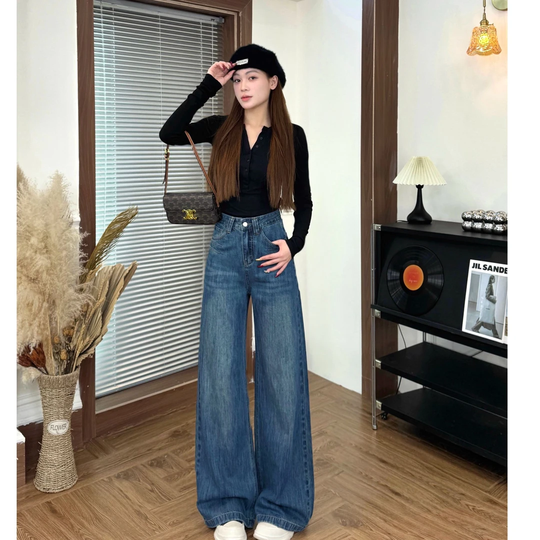 SOOM春季新款显瘦高腰宽松微喇百搭休闲直筒牛仔拖地裤#2385