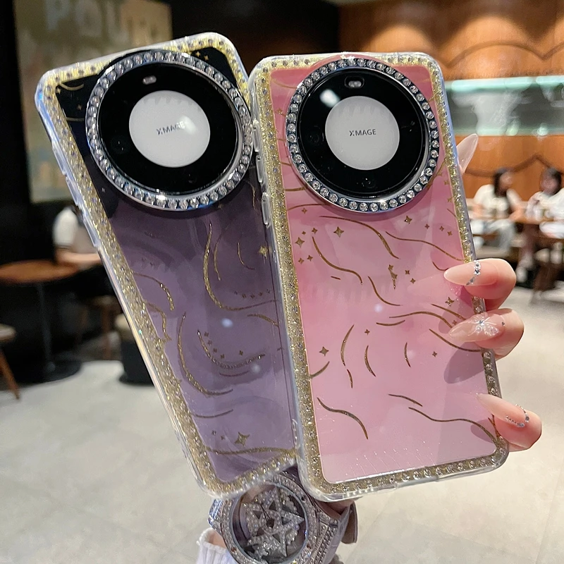 适用华为mate70系列苹果新款手机壳金粉晕染黑全包满钻大孔镜头膜