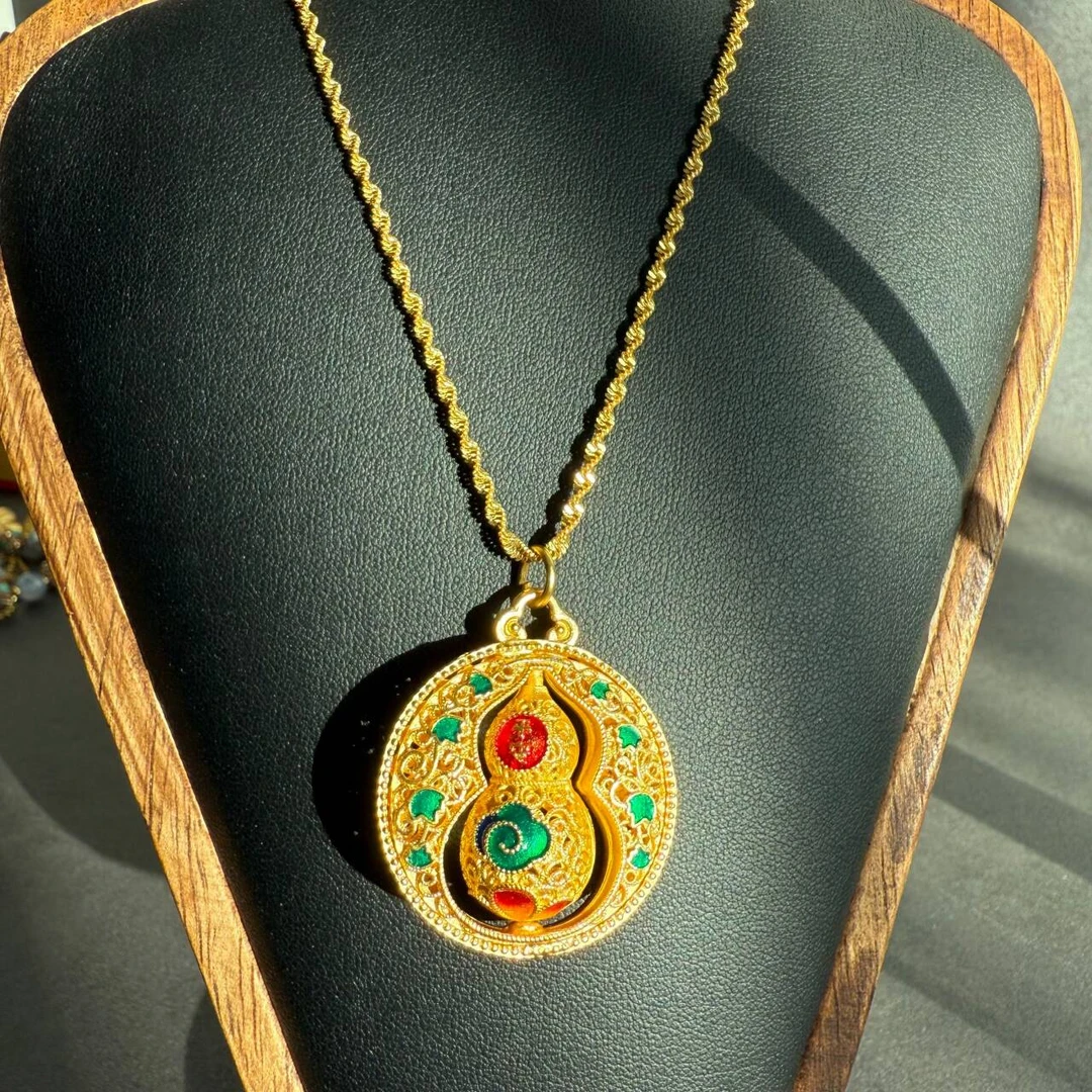 新品古法平安葫芦吊坠镂空珐琅彩可转动项链