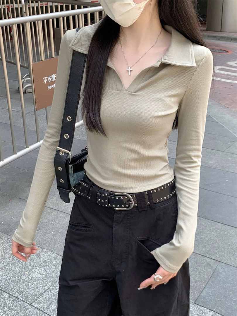bm风辣妹修身气质Polo领收腰短款长袖打底上衣女秋季2025内搭T恤