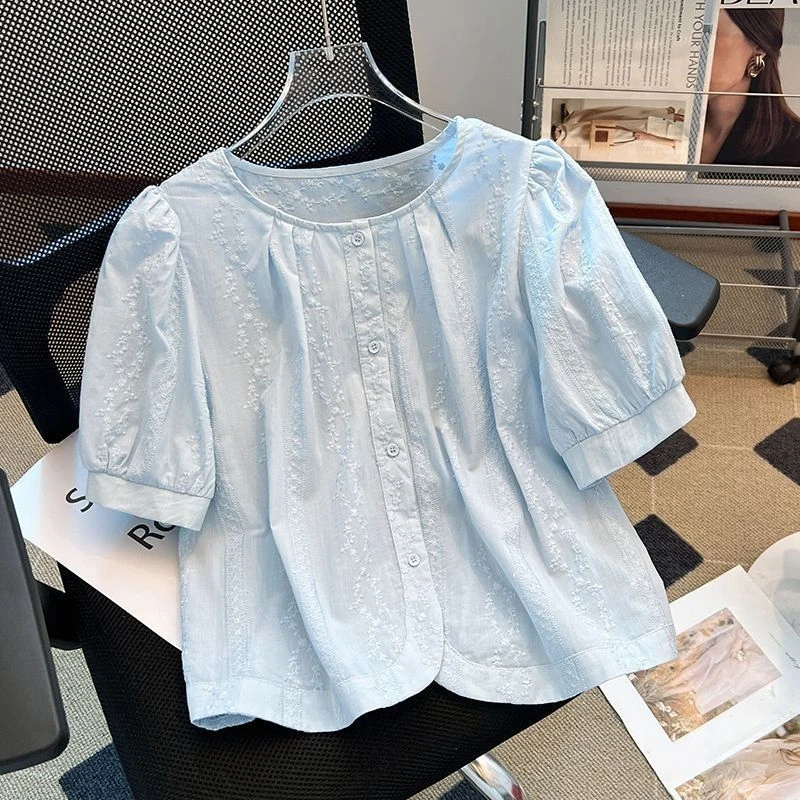 韩版复古甜美系带蓝色短袖衬衫女夏季小个子衬衣泡泡袖上衣